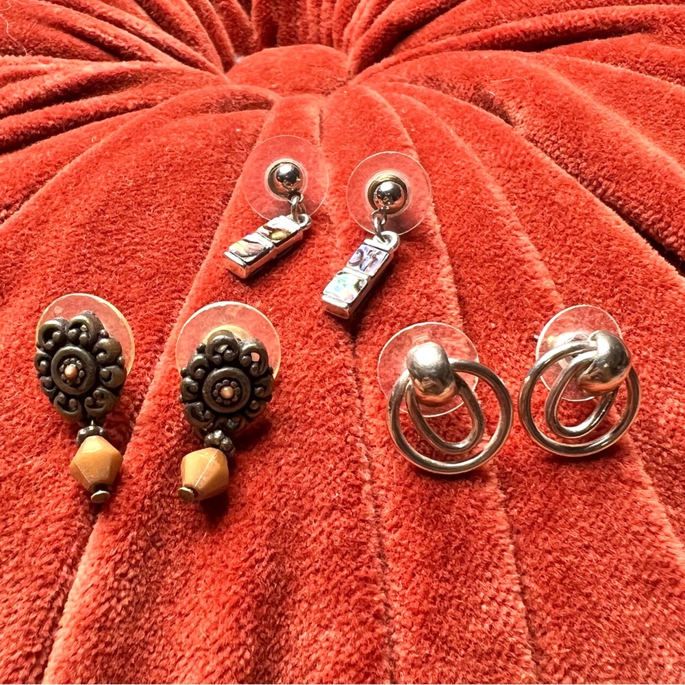Vintage Earring Bundle Set of Three Double Hoop Beaded Abalone Dangle Retro
